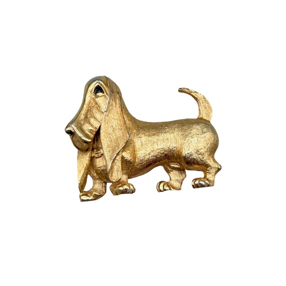 Signed BOUCHER Basset Hound Dog Pin Brooch Gold T… - image 1