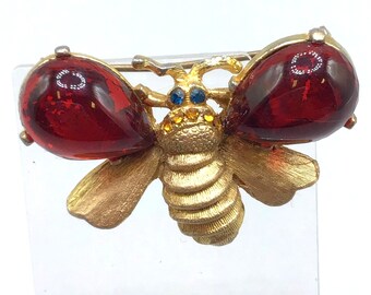 Bug Insect Brooch Vintage Bee Butterfly Pin Red Wings Gold Tone with Rhinestones