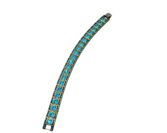 HEIDI DAUS Bracelet Aqua Blue Crystals ANtiqued Gold Tone Metal Link Bracelet