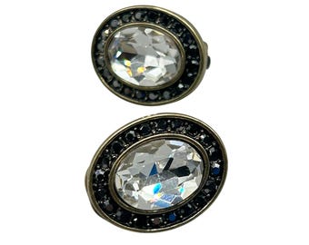 HEIDI DAUS Clip On Earrings Oval Jeweled Clear Crystals Classic Elegant Clips