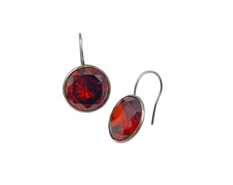 Sterling Silver Red Earrings Crystal Round Drop Dangles Hook Earrings