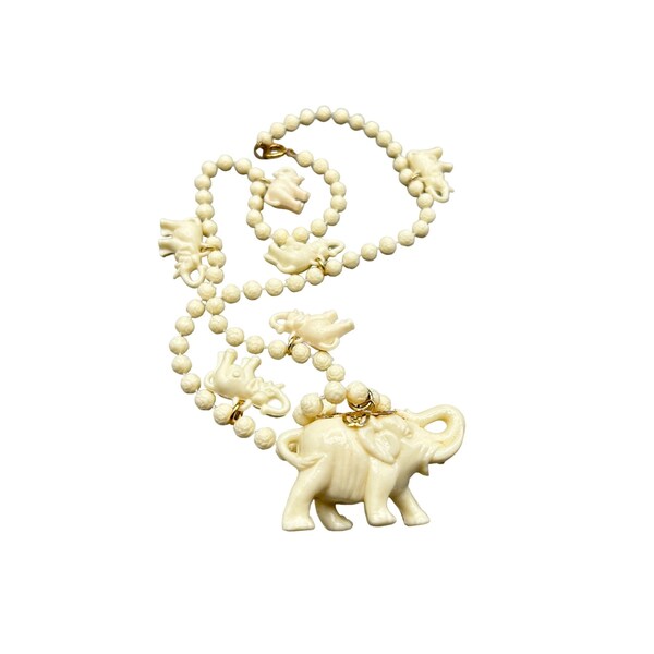 Vintage Celluloid Elephant Charms Necklace Long  Off White Bead Ball Chain Style