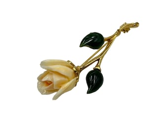 Vintage Pale Pink Rose Flower Brooch Resin Stone Leaf Gold Tone Romantic Jewelry