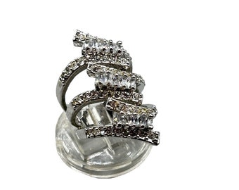 Multi Bypass Design Ring with Clear Stones Size 6.5 Silver Tone Metal Wide Face