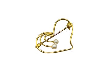 Gold Tone Heart Pin Brooch with Faux Pearls Accent Dainty Design