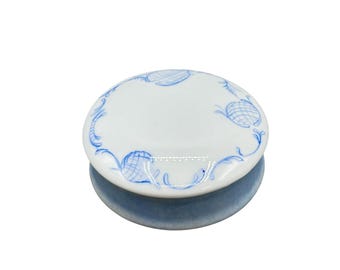Vintage Porcelain Trinket Box Blue Lace Hand Painted Design Small Round