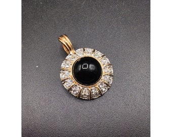 Enhancer Pendant Rhinestones Black Glass Cabochon Signed Roman Articulated Bail