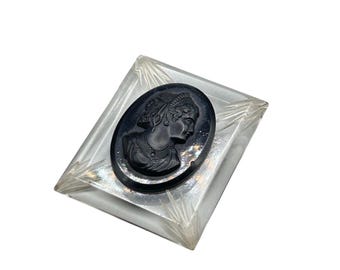 Vintage Clear Lucite Cameo Pin Brooch Black Plastic Older Cameo Large Size Rectangular