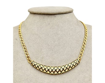 Signed SWAROVSKI Vintage Choker Necklace Elegant Gold Tone Crystals Black Enamel