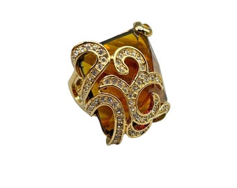 Vintage 80s Jewelry Big Statement Ring Size 6 Gold Tone Faux Faceted Topaz Stone