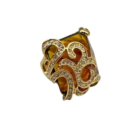 Vintage 80s Jewelry Big Statement Ring Size 6 Gold Tone Faux Faceted Topaz Stone
