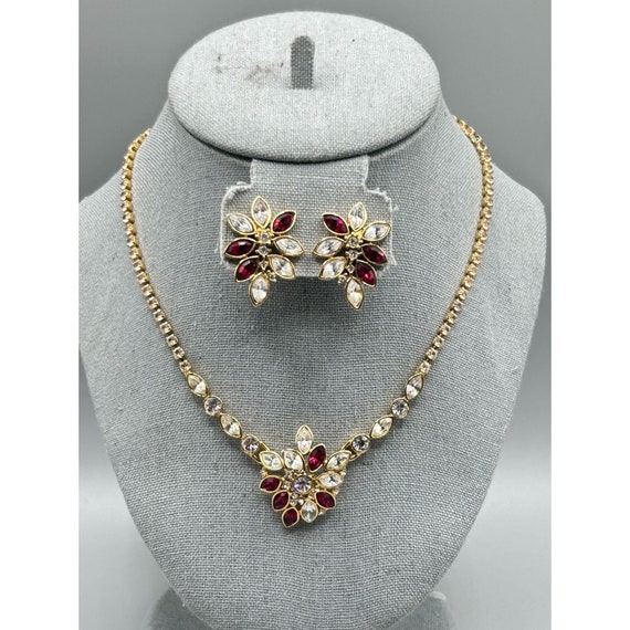 Vtg Monet Necklace and Earrings Set Clear and Red… - image 2