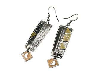Vintage Berebi Long Pierced Dangles Earrings Silver Tone and Cream Enamel