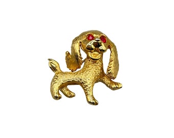 Vintage Dog Puppy Pin Brooch Gold Tone Fun Figural Jewelry Red Rhinestones Eyes