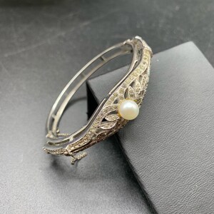 Stunning rhinestones with faux pearl Art Deco revival  hinged bangle bracelet silver tone