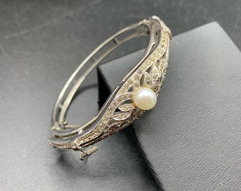 Stunning rhinestones with faux pearl Art Deco revival  hinged bangle bracelet silver tone