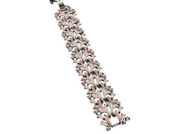 Vintage Pink Enamel Bracelet Silver Tone Wide 1960s Costume Jewelry