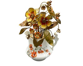 Vintage Enameled Brass Flowers Metal Floral Arrangement Giraud Limoges France
