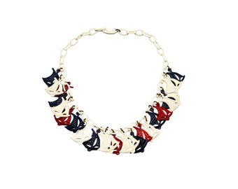Vintage Plastic Nautical Bib Necklace Red White And Blue Celluloid Sailboats