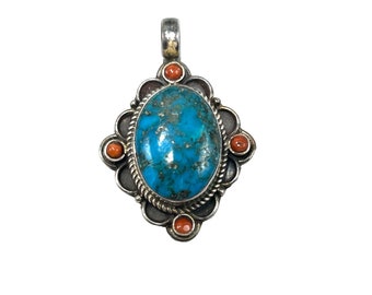 Vtg Turquoise & Coral Pendant Sterling Silver Handcrafted Native or Southwestern