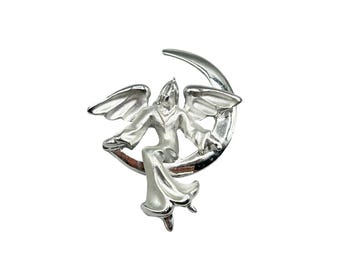 Silver Angel On Crescent Moon Brooch Pin Signed Giusti Gigi Guardian Angel Pin