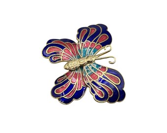 Vintage Enamel Butterfly Pin Brooch Red Blue And Gold Wings