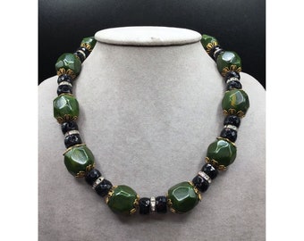 Vintage Bakelite Necklace Green Chunky Beads Black Glass Faceted Beads Jewelry