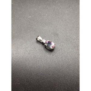 Tiny Mystic Topaz Pendant Sterling Silver & CZ Stones Rainbow Oval Dainty Charm