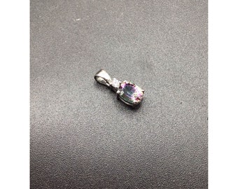 Tiny Mystic Topaz Pendant Sterling Silver & CZ Stones Rainbow Oval Dainty Charm