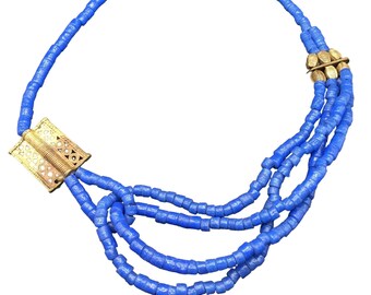 Vintage Pressed Glass Necklace Blue Beads Multi String Ethnic Tribal Jewelry