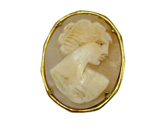 Vintage Shell Cameo Pin Brooch Carved Lady Profile Gold Tone Setting Oval Shaped