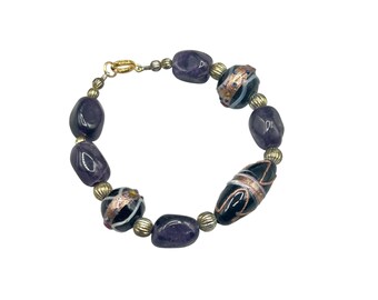 Amethyst & Murano Glass Beaded Bracelet with Wedding Cake Glass Beads
