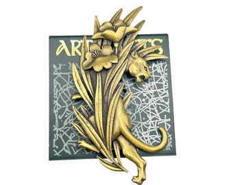 Vintage JJ Jonette Jewelry Brooch Big Cat in Flowers Pin Leopard Tiger Jaguar