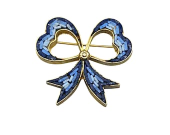 Vintage Micro Mosaic Pin Brooch Unusual Bow Shaped Blue Tone Made In Italy