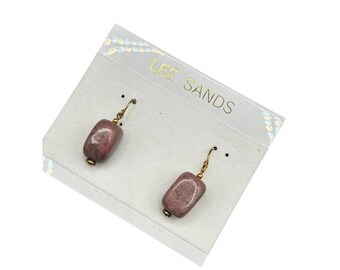 Vintage Lee Sands Pink Rhodonite Earrings Gold Tone Hooks Gemstone Earrings