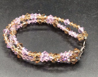 Handcrafted Crystal Beads Bracelet Triple Strand Pink & Topaz Glass Pastel Beads
