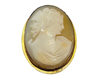 Vintage Genuine Carved Shell Cameo Pin Brooch Pendant Right Facing Lady Profile