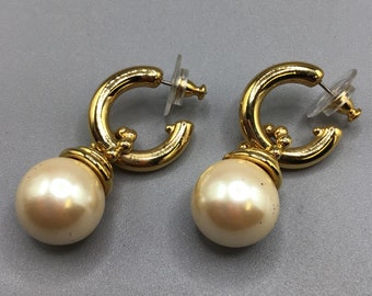 Vintage Earrings Gold Tone Hoops with Removable Pearl Dangles Jackets Pierced