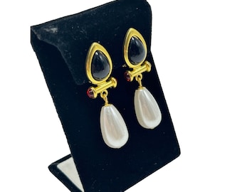 Clip On Earrings Pearls Drops Gold Tone Jeweled Cabochons Retro Classic Design