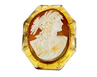 Vintage Genuine Cameo Pin brooch Gold Tone Settings Detailed Carvings 2" tall