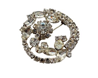 Vintage Clear Rhinestones Pin Brooch Round Circle All Prong Set Glass Stones