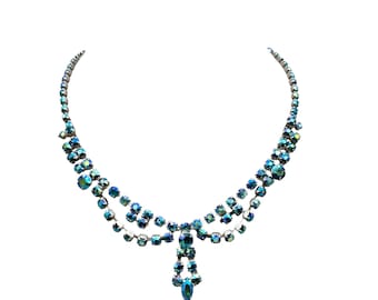 Blue Aurora Borealis Necklace Silver Tone Vintage Prong Set Formal Rhinestones Jewelry