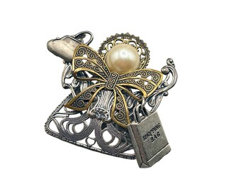 Vintage Assemblage Handmade Angel w Shopping Bag Pin Brooch Filigree Components