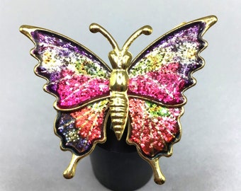 Pink Purple and Green Glittery Butterfly Pin Brooch 80s 90s Taiwan Vintage Pin