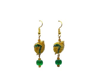 Vintage Enamel Caterpillar on Golden Leaf Dangle Earrings with Bead Accents