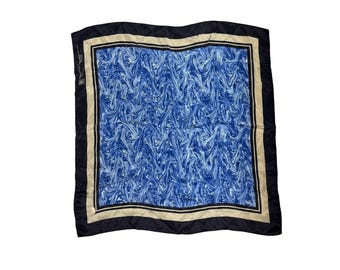 Vintage Anne Klein Silk Scarf Square Marbled Blue And Beige Hand Rolled 25"x25"