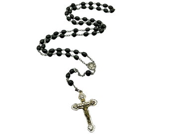 Vintage Black Wood Rosary Beaded Prayer Necklace Catholic Religious Jewelry