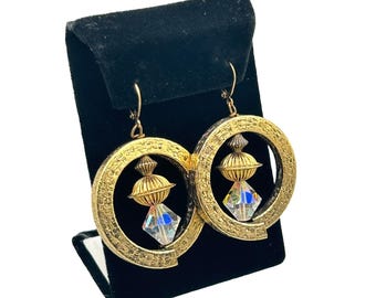 Big Vintage Statement Earrings Lever Back Dangles Gold Tone and Crystal Beads