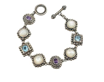 STERLING SILVER Bracelet Amethyst And Blue Topaz Link Bracelet Silver 925 Toggle Clasp