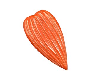 Carved Bakelite Red Orange Dress Clip Elongated Ribbed Leaf Heart Shaped Clip